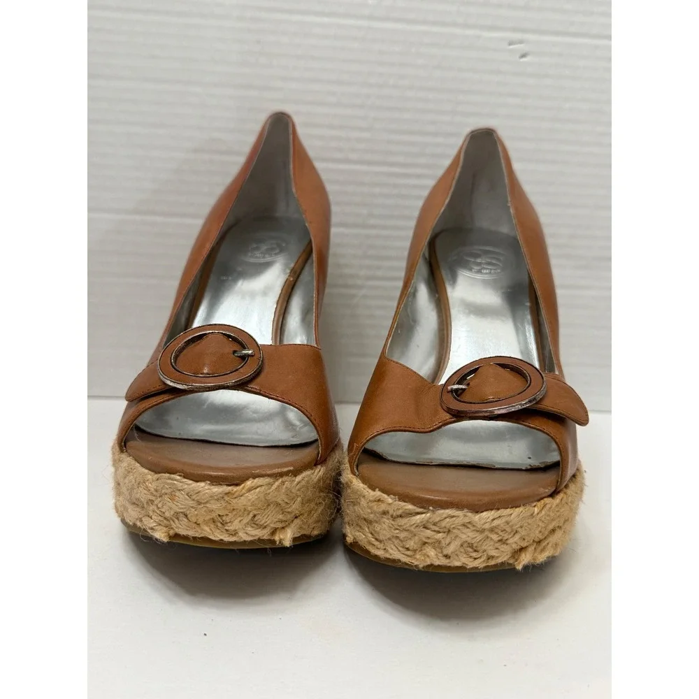 Jessica Simpson Goldie Tan Leather Espadrille Wedge Sandals Peep Toe Buckle 9.5B